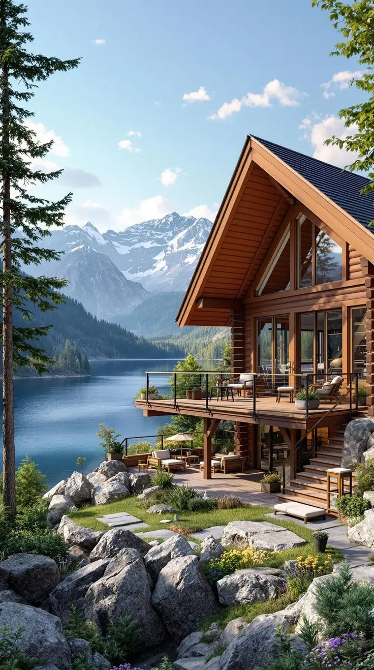 A modern log cabin with large windows and a furnished terrace, set beside a tranquil lake surrounded by forested hills and snow-capped mountains. The garden features rocks, greenery, and colorful flowers under a partly cloudy sky.