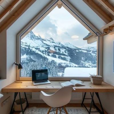 Workspace with laptop and books facing snowy mountain view