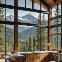 Modern wooden kitchen with panoramic mountain view