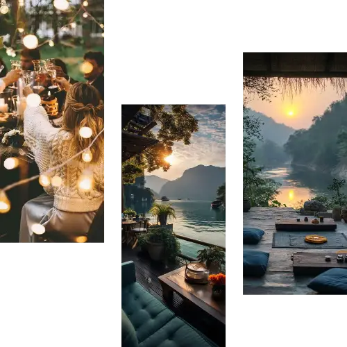 Outdoor dinner celebration with lights, riverside terrace with fjord view, and sunrise meditation spot