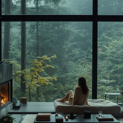 Woman relaxing by the window with forest view and rain in Norway