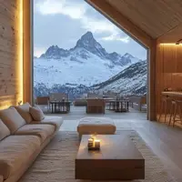 Modern wooden lounge with panoramic snowy mountain view