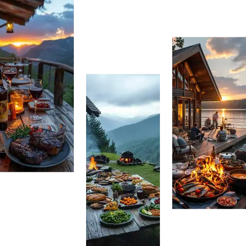 Dinner with mountain view, outdoor feast in the valley, and lakeside barbecue by a cabin