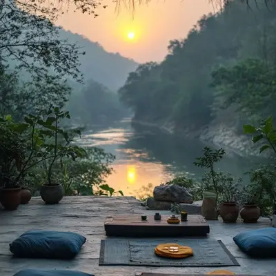 Sunrise meditation spot by the river with pillows and plants in nature
